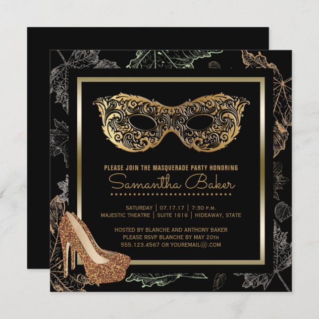 Invitation Fête Masquerade Automne | Balle en or noir (Devant / Derrière)