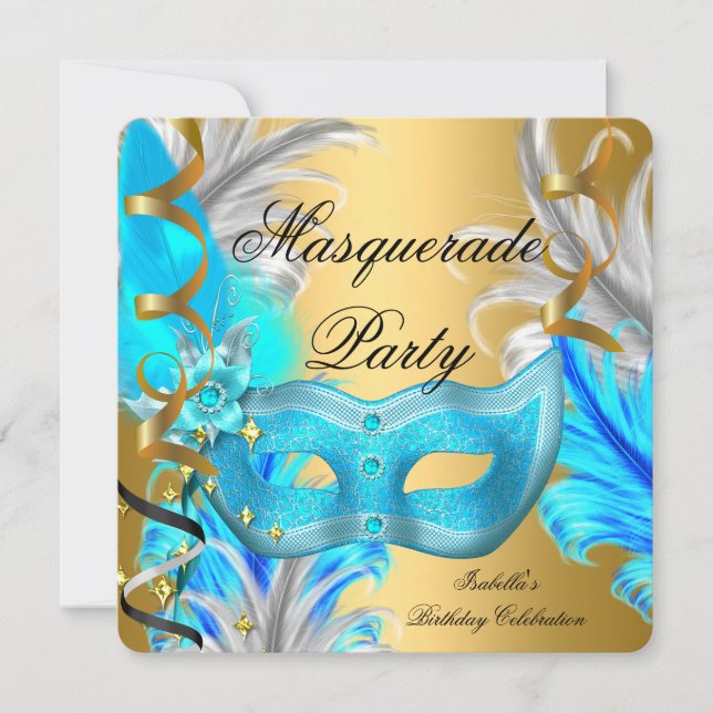 Invitation Fête Masquerade fête d'anniversaire Turquoise Blue (Devant)