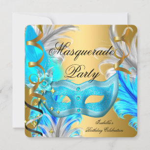 Invitation Fête Masquerade fête d'anniversaire Turquoise Blue