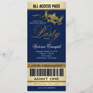 Invitation Fête Masquerade Style Billet d'Or Royal Blue