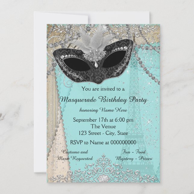 Invitation Fête Masquerade vintage Paris (Devant)