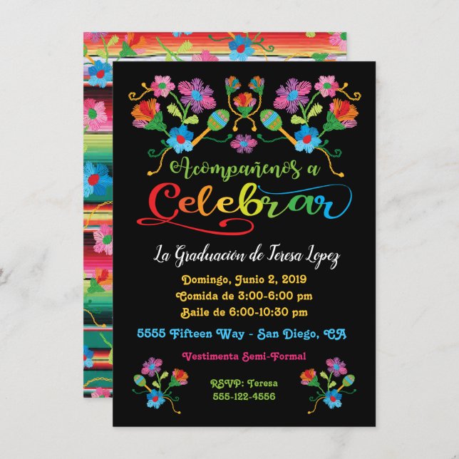 Invitation Fête mexicaine avec broderie (Devant / Derrière)