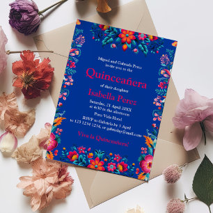 Invitation Fête mexicaine bleue florale pour Quinceanera Anni