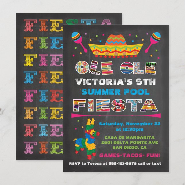 Invitation Fête mexicaine Chalkboard Anniversaire (Devant / Derrière)