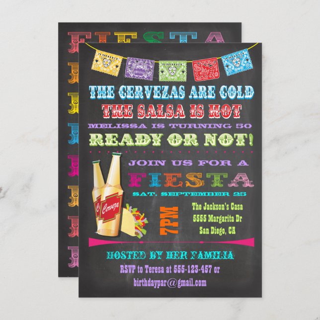 Invitation Fête mexicaine Chalkboard Anniversaire (Devant / Derrière)