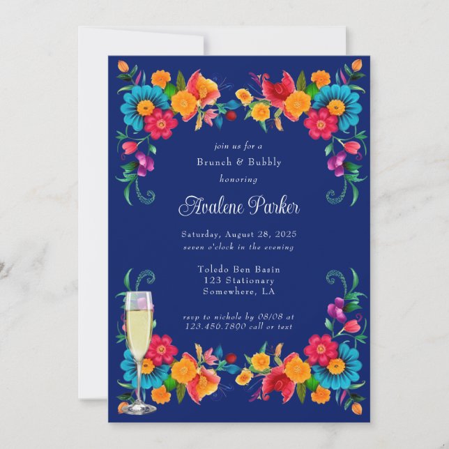Invitation Fête mexicaine colorée bleue Brunch & Bubbly (Devant)