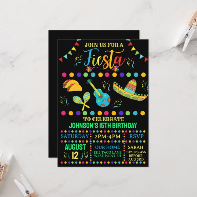 Invitation Fête mexicaine colorée et amusante (Devant/Arrière en situation)