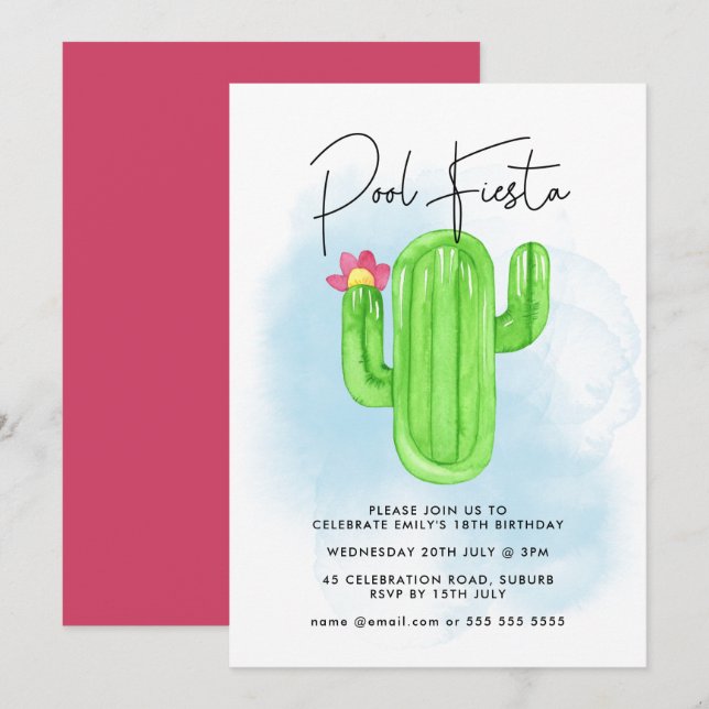Invitation Fête mexicaine d'anniversaire Cactus Pool Party to (Devant / Derrière)