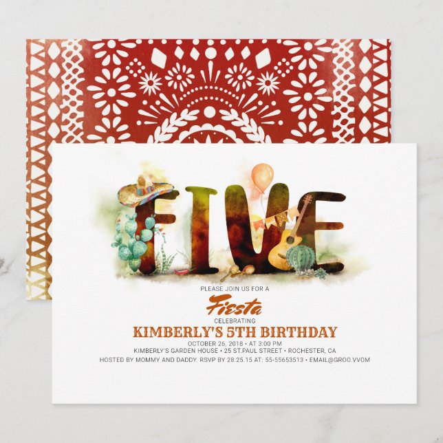 Invitation Fête mexicaine du 5ème anniversaire (Devant / Derrière)