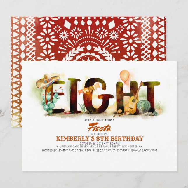 Invitation fête mexicaine du 8ème anniversaire (Devant / Derrière)