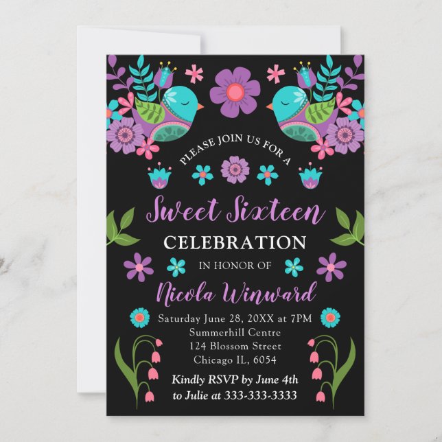 Invitation Fête mexicaine et Sweet sixteen noir (Devant)