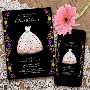 Invitation Fête mexicaine Fleur Blanche Princesse Quinceanera