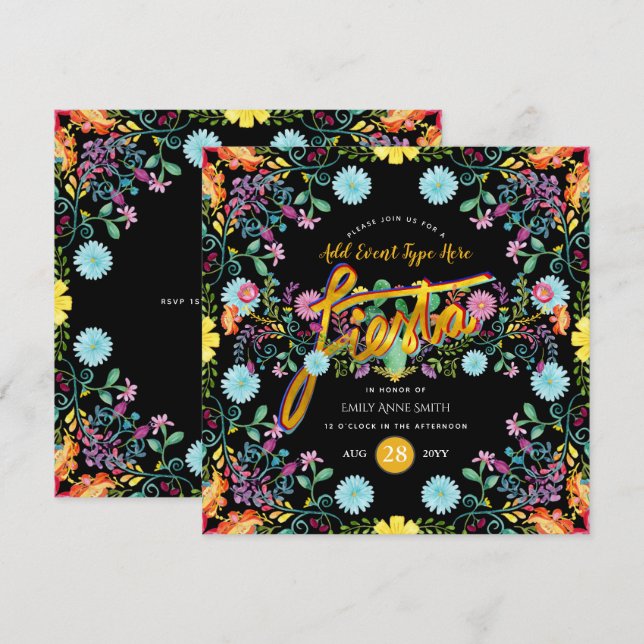 Invitation Fête Mexicaine Fleurs Populaires Lama Or TOUT ÉVÉN (Devant / Derrière)