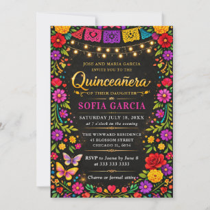 Invitation Fête mexicaine florale lumineuse Quinceanera