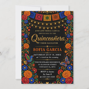 Invitation Fête mexicaine florale lumineuse Quinceanera