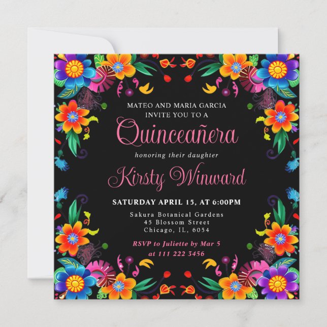 Invitation Fête Mexicaine Florale Noir Quinceanera (Devant)