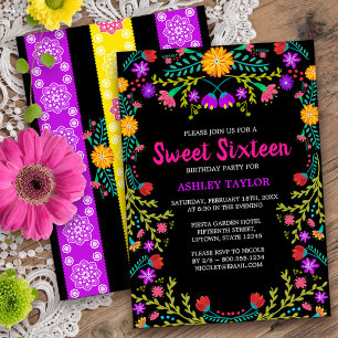Invitation Fête mexicaine noire, art folklorique floral, Swee