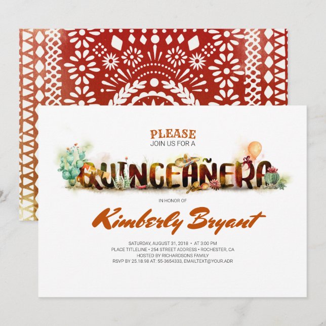 Invitation Fête mexicaine - Quinceañera 15e anniversaire (Devant / Derrière)