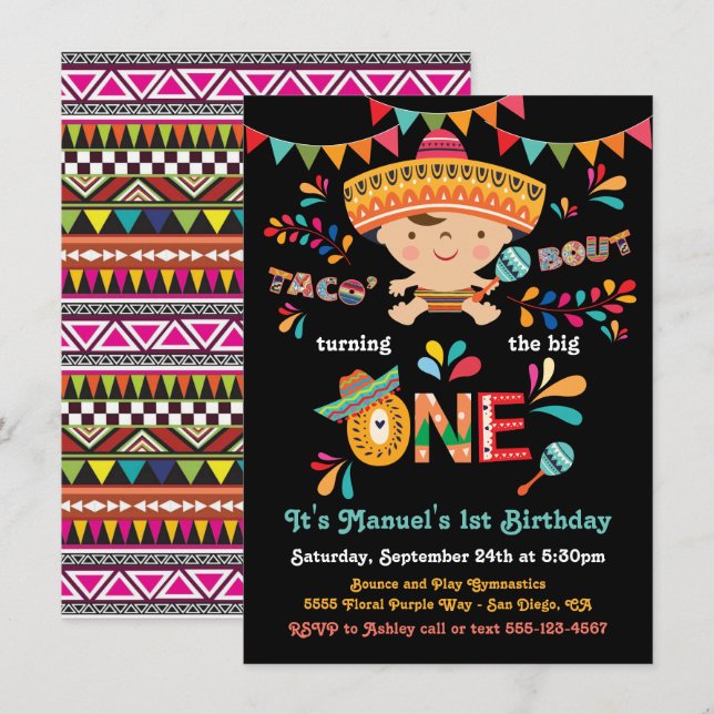 Invitation Fête mexicaine Taco à un 1er anniversaire (Devant / Derrière)