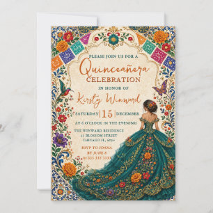 Invitation Fête mexicaine Teal Floral Or Quinceanera