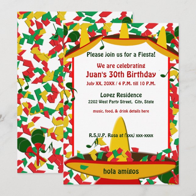 Invitation Fête mexicaine (toute occasion) Amigos (Devant / Derrière)