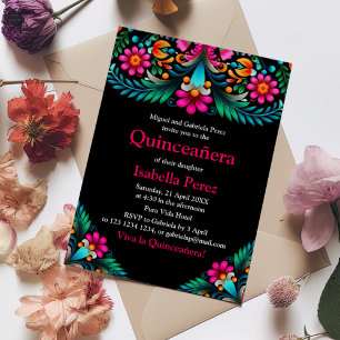 Invitation Fête Mexicaine Vibrante Florale Noire de Quince An