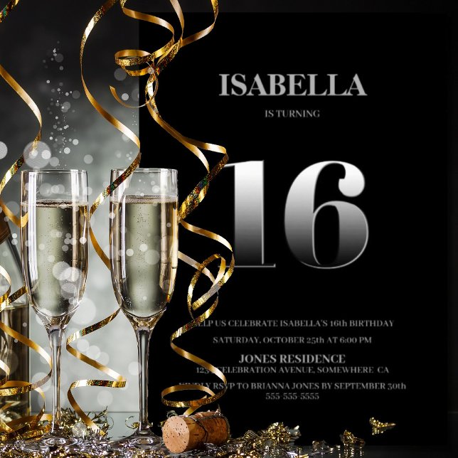Invitation Fête minimaliste de 16e anniversaire noir et argen (Créateur téléchargé)