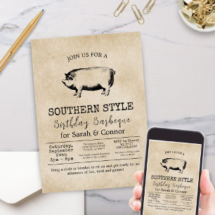 Invitation Fête Minimaliste Vintage de Barbecue de Cochon Ent