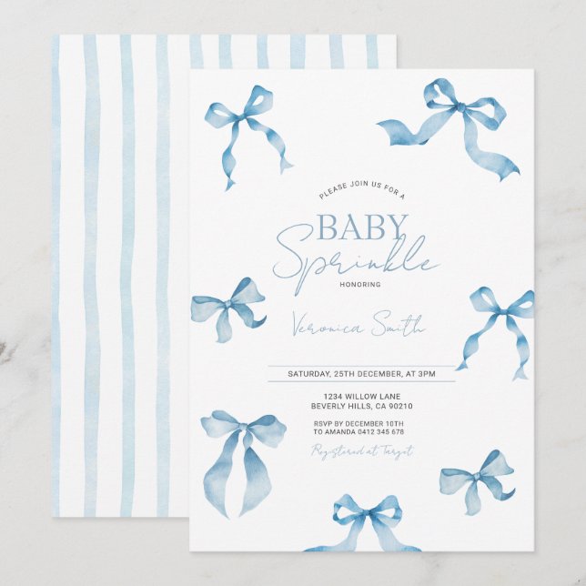Invitation Fête Moderne Bébé Blue Bow (Devant / Derrière)