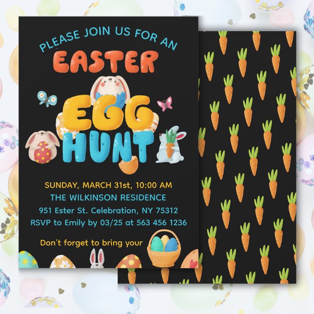 Invitation Fête moderne de chasse aux œufs de Pâques noirs (Get this playful and colorful invitation for your Easter celebration, customize it today!)