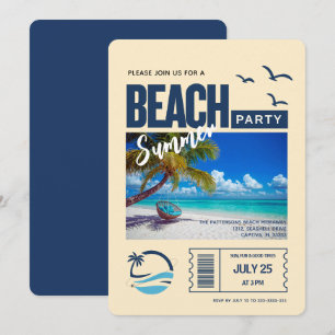 Invitation Fête Moderne de Plage Bleu Foncé