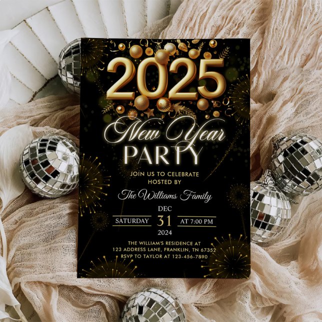 Invitation Fête moderne du Nouvel An 2025 Paillettes dorées (Créateur téléchargé)