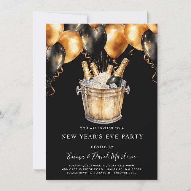 Invitation Fête moderne du Nouvel An avec ballons or et noir (Devant)