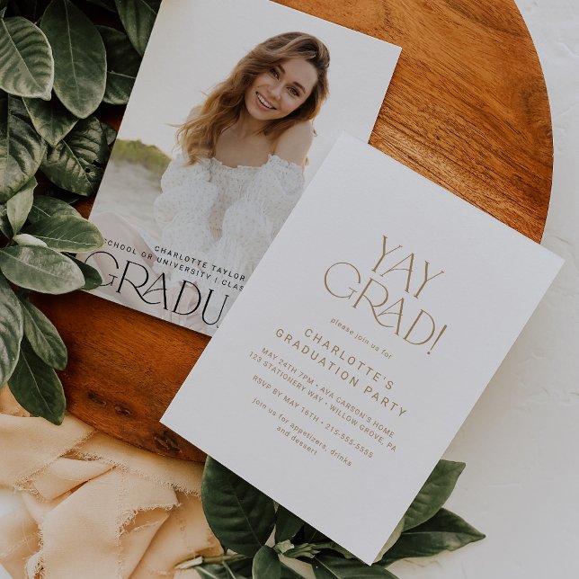 Invitation Fête moderne Gold Yay Grad Photo Graduation (Créateur téléchargé)