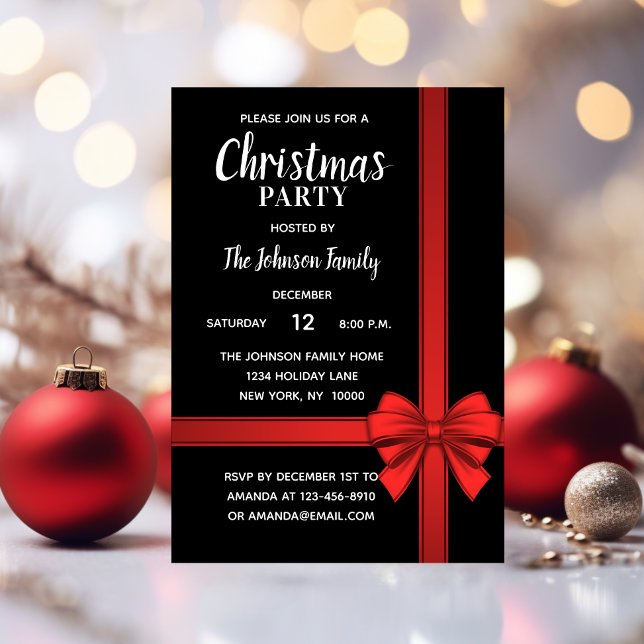 Invitation Fête NOËL FÊTE BLANC Rouge Noir Bow (Holiday CHRISTMAS PARTY White Red Black Bow Invitation)