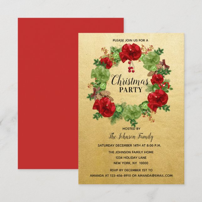 Invitation FÊTE NOËL FÊTE Wreath GOLD Red Green (Devant / Derrière)