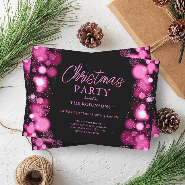 Invitation Fête Noël Hot rose neige lumières (Festive Holiday Xmas Hot Pink Snow Lights Glow Invitation)