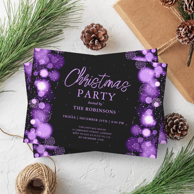 Invitation Fête Noël Purple Lumière de neige (Festive Holiday Xmas Purple Snow Lights Glow Invitation)