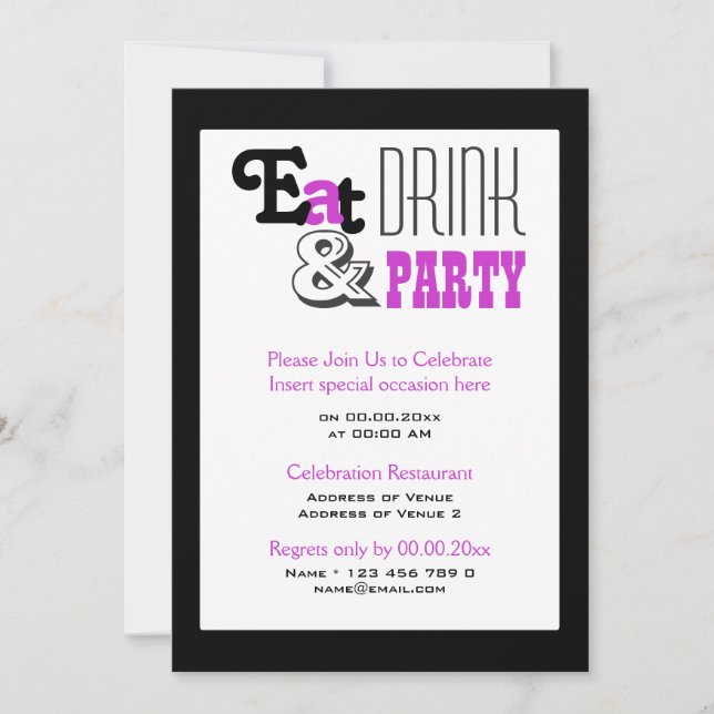 Invitation Fête noire violette "manger boire un verre et" élé (Devant)