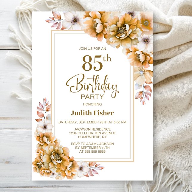 Invitation Fête Orange Floral moderne 85e anniversaire (Créateur téléchargé)