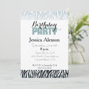 Invitation Fête pailletée Anniversaire Zèbre Noir Bleu Sauvag