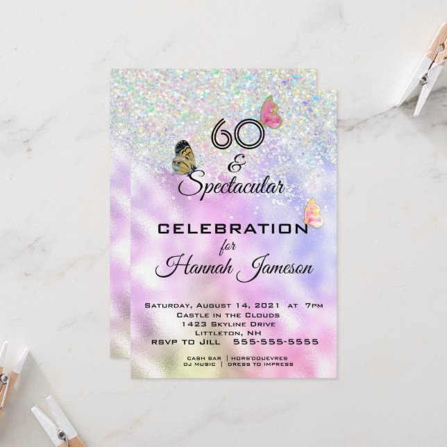 Invitation Fête pailletée papillons 60 ans et Spectaculaire (Devant/Arrière en situation)