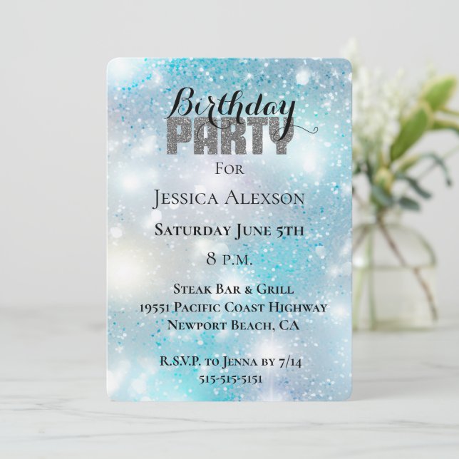 Invitation Fête Paillettes Argentées Aqua Bleu Bokeh Annivers (Debout devant)