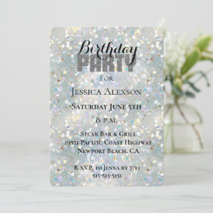 Invitation Fête Paillettes Argentées Bleu Blanc Bokeh Anniver