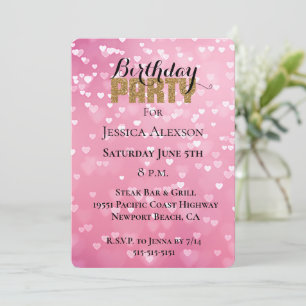 Invitation Fête Paillettes Dorées Cœurs Roses Blancs Annivers