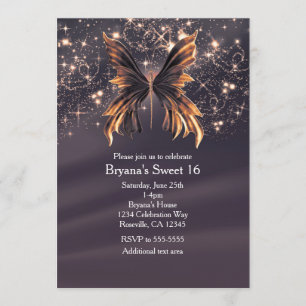 Invitation Fête Papillon Fantastique Paillettes Dorées