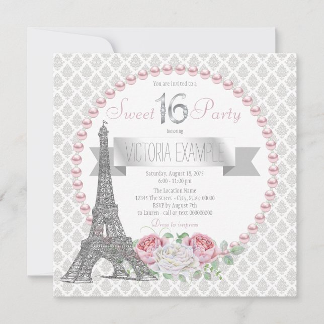 Invitation Fête Parisienne Perle Rose Sweet 16 (Devant)