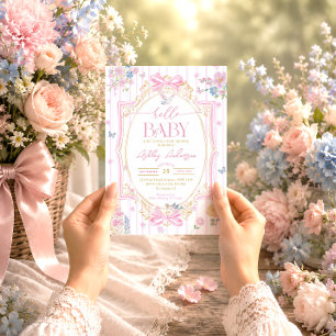 Invitation Fête Pastel Rose Coquette Fleurie Bébé Fille