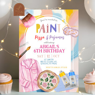 Invitation Fête Peinture Pastel Rose Pizza et Pyjamas