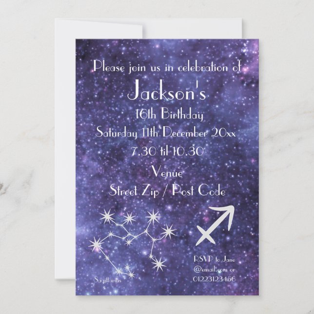 Invitation Fête personnalisée du zodiaque Sagittaire Galaxie (Devant)